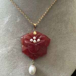Estate Rare Signed 14K & 18k Gold & fine Red Jade Flower Pendant with Pearls